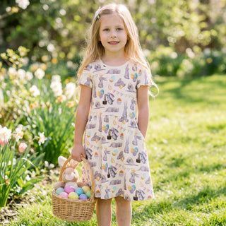 Flutter Sleeve Twirl Dress with Pockets in Natural Egg Hunt