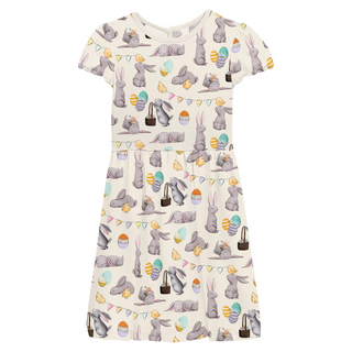 Print Flutter Sleeve Twirl Dress with Pockets in Natural Egg Hunt