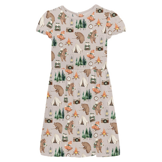 Flutter Sleeve Twirl Dress with Pockets Latte Camping Animals