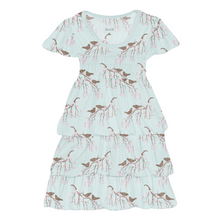 Print Short Sleeve Layered Ruffle Dress Fresh Air Bird Branch