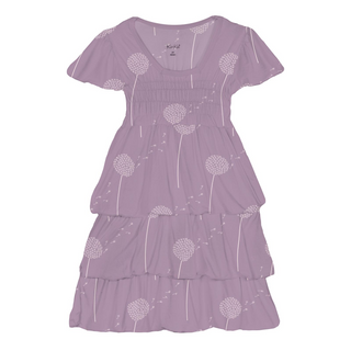 Print Short Sleeve Layered Ruffle Dress Lavender Dandelion Wish