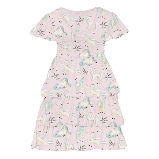 Print Short Sleeve Layered Ruffle Dress Shrinking Violet Sleeping Unicorns