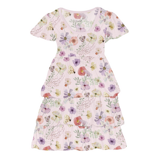 Print Short Sleeve Layered Ruffle Dress Shrinking Violet Pressed Flowers