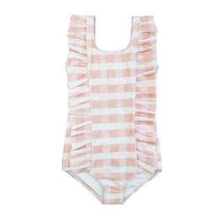 Pink Gingham Ruffle Front One Piece Girls Swimsuit