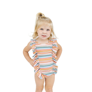 Sunset Stripe Ruffle Front One Piece Girls Swimsuit