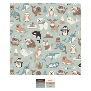 Patterned paper with cartoon animals on a light blue background