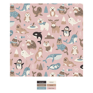 Patterned paper with cartoon animals on a pink background