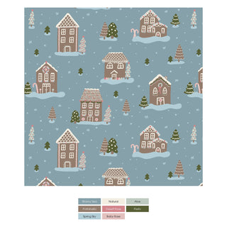 Pattern of gingerbread houses and trees on a blue background with color swatches below.