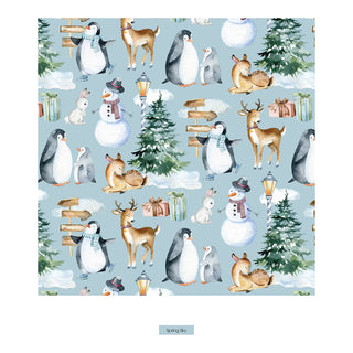 Winter-themed pattern with penguins, deer, and snowmen on a light blue background.