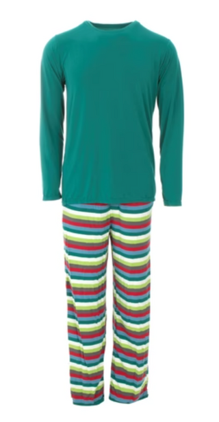 Men's Bamboo Print Long Sleeve Pajama Set: 2020 Multi Stripe