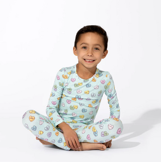 Bamboo Kids Pajamas Valentine's Candy Hearts Blue