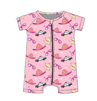 Bamboo Shortie Romper in Pink Sheriff