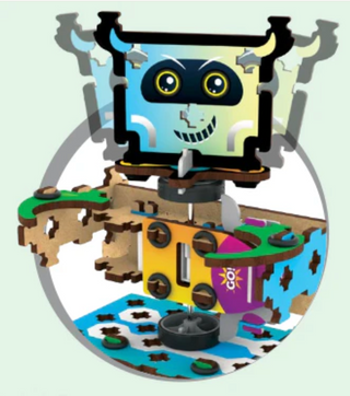 Colorful mechanical model of a robot on a white background