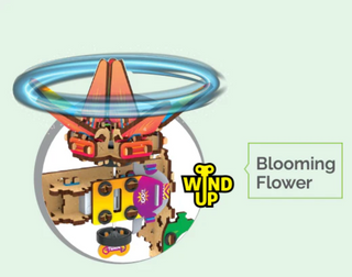 Toy with a spinning top and 'Wind Up Blooming Flower' branding on a white background