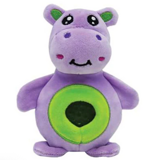 Purple plush toy with a green circle belly on a white background
