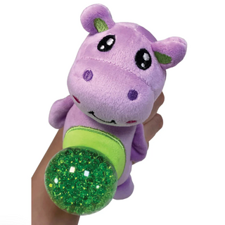 Purple hippo plush toy with a green bead belly on a white background