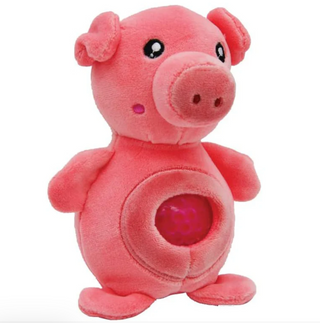 Pink plush pig toy with a bead filled belly on a white background