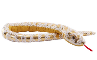 Toy snake with a patterned body and red tongue on a white background