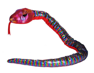 Colorful snake toy with a multicolored body and red head on a white background