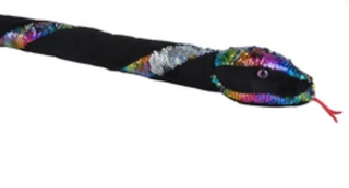 Colorful snake toy with a multicolored body and black head on a white background