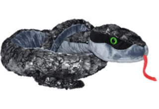 Plush snake toy with a black and gray pattern on a white background