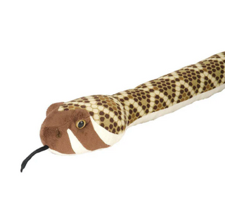 Plush snake toy with brown and beige pattern on a white background