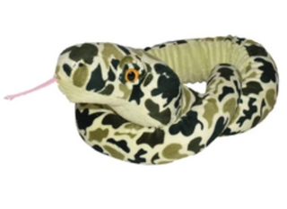 Plush snake toy with camouflage pattern on a white background