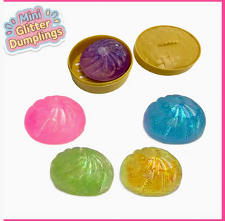 Mini Glitter Mystery Dumpling Squishy Fidget Toy – Sensory Stress Relief Squeeze Toy with Mini Steamer Basket | Collectible Kawaii Dumpling for Anxiety Relief & Focus