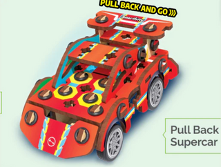 Colorful pull-back toy car with text on a white background