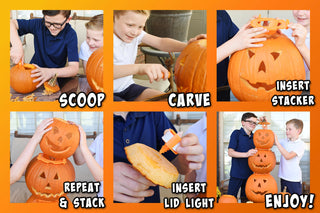 Step-by-step process of making a pumpkin lantern with text labels on an orange background.