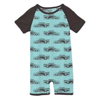 Bamboo Print Raglan Romper: Summer Sky Hot Rod