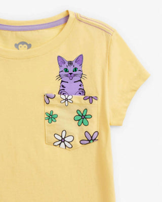 Sunrise Kitty Graphic Pocket Tee – Girls 100% Cotton Cat Graphic T-Shirt