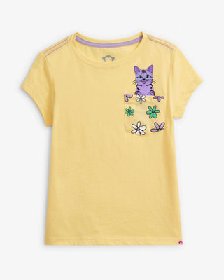 Sunrise Kitty Graphic Pocket Tee – Girls 100% Cotton Cat Graphic T-Shirt