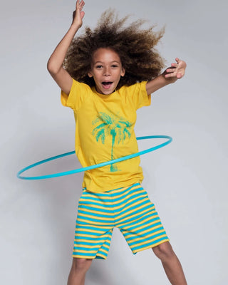 Sunrise Stripe Preston Shorts – Boys Teal & Yellow Striped Pull-On Shorts