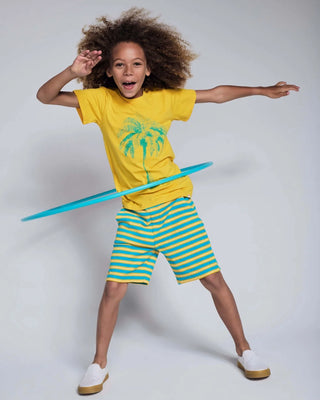 Sunrise Stripe Preston Shorts – Boys Teal & Yellow Striped Pull-On Shorts