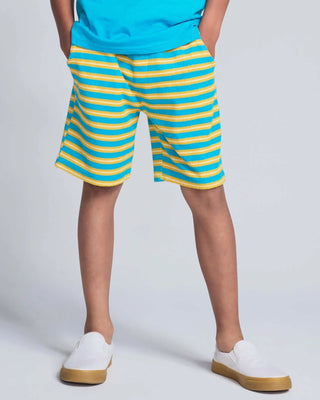 Sunrise Stripe Preston Shorts – Boys Teal & Yellow Striped Pull-On Shorts