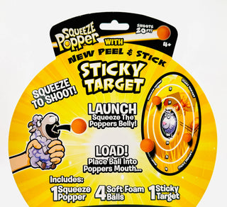 Squeeze Popper toy packaging with yellow and black design on a white background