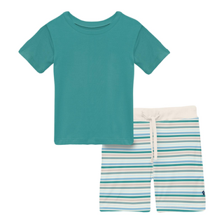 Print Short Sleeve Crew Neck Tee and Lightweight Drawstring Shorts Set Lakeside Stripe