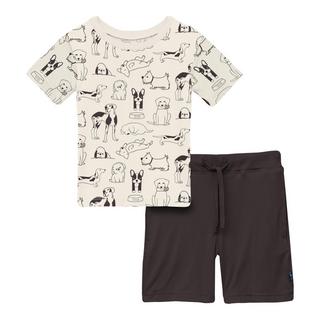 Print Short Sleeve Crew Neck Tee and Lightweight Drawstring Shorts Set Natural Dogs