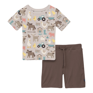 Print Short Sleeve Crew Neck Tee and Lightweight Drawstring Shorts Set Latte Morning on the Farm