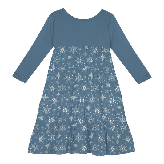 Kickee Pants Print Long Sleeve Tiered Dress: Parisian Blue Snowflakes