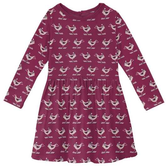 Kickee Pants Print Long Sleeve Twirl Dress: Berry Ski Birds