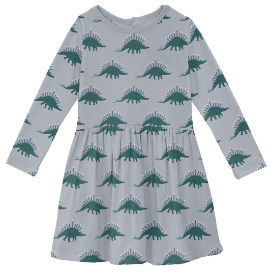 Bamboo Print Long Sleeve Twirl Dress: Pearl Blue Menorahsaurus