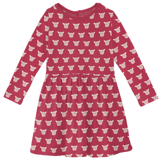 Bamboo Print Long Sleeve Twirl Dress: Cherry Pie Furry Friends