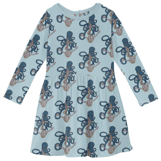 Bamboo Print Long Sleeve Twirl Dress: Spring Sky Octopus Anchor