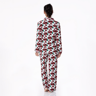 Women's Print Long Sleeve Collared Pajama Set in Holiday Poppies