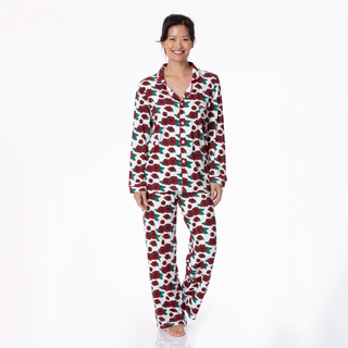 Women's Print Long Sleeve Collared Pajama Set in Holiday Poppies