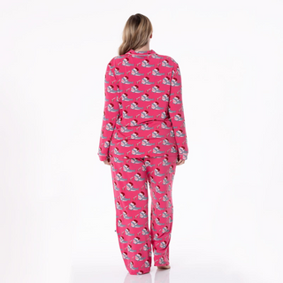 Women's Print Long Sleeve Collared Pajama Set in Winter Rose Holiday Sharks