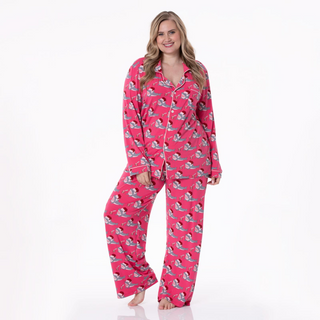 Women's Print Long Sleeve Collared Pajama Set in Winter Rose Holiday Sharks