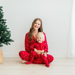 Women's Long Sleeve Collared Pajama Set Crimson Holiday Lights